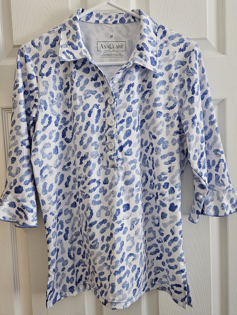 Ana Clare Med Polo Top 3/4 Blue White Sleeves Ruffle Activeware Summer